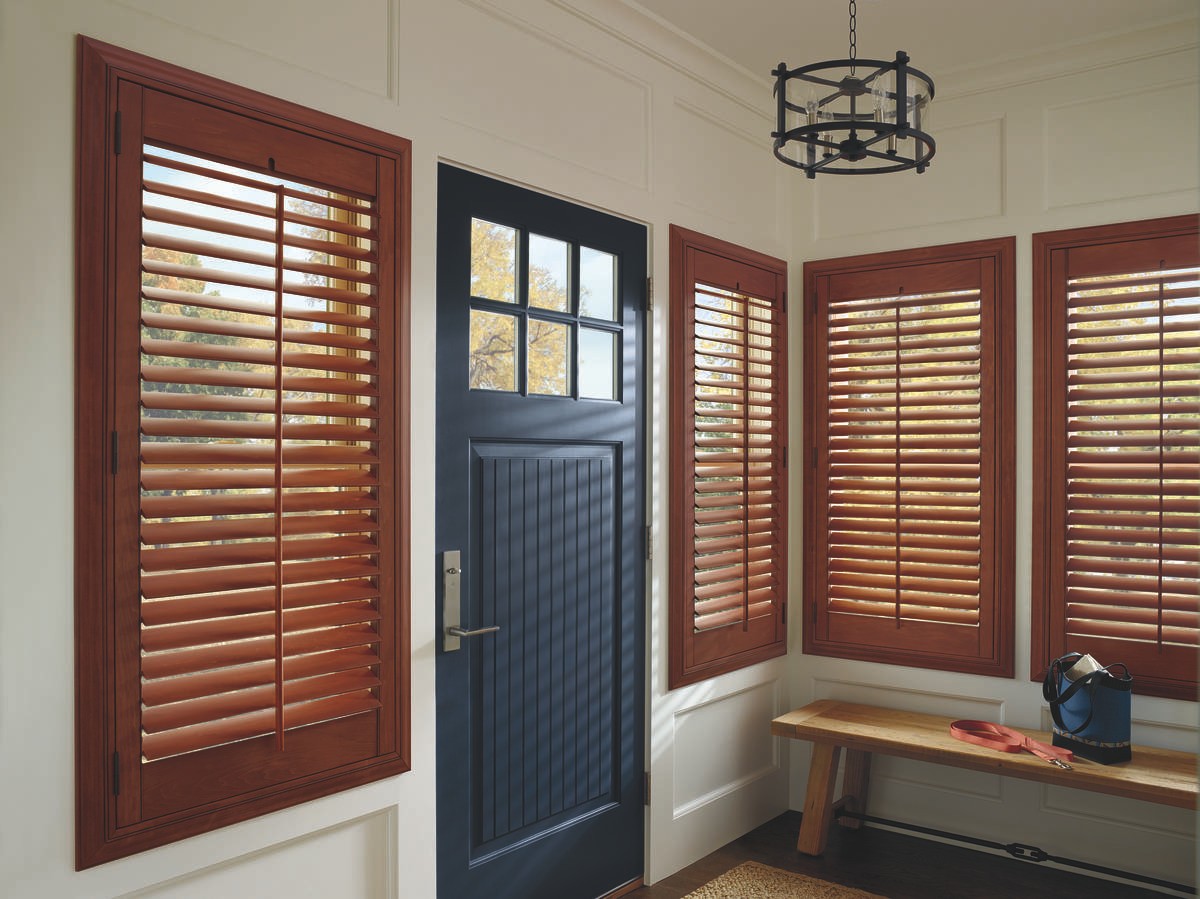 Hunter Douglas Heritance® Hardwood Shutters PowerView Automation Springfield, Illinois (IL) achieve a rustic look, wood blinds.