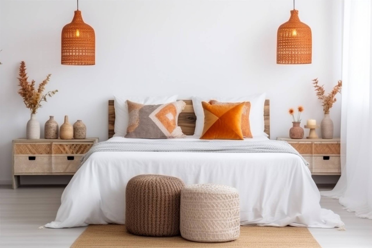 Bedroom decorated with fall-themed interior design elements and colors near Springfield, IL