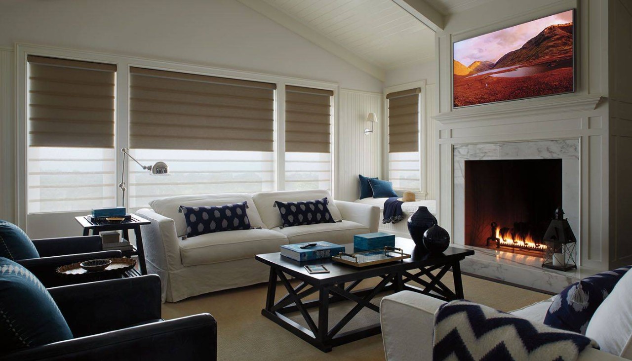 Modern living room with brown Hunter Douglas Vignette® Modern Roman Shades half-lowered in the windows near Springfield, IL