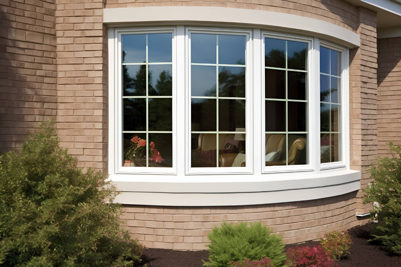 Exterior view of a bow window on a brick house near Springfield, IL