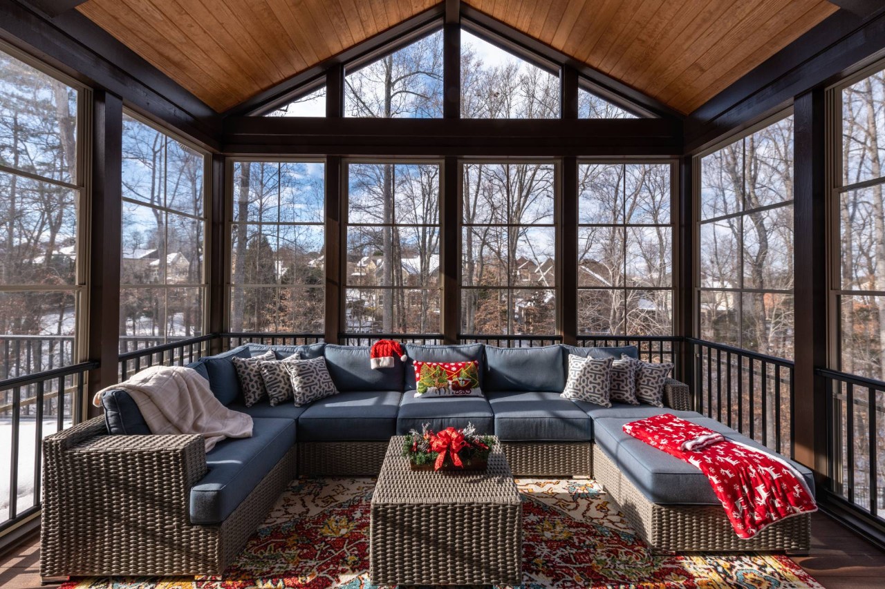 Cozy sunroom decorated and outfitted for winter conditions with lots of blankets and pillows, near Springfield, IL