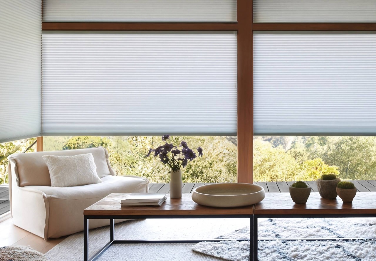 Hunter Douglas Duette® Cellular Shades are sound-absorbing window shades on large living room windows at House To A Home Interiors near Springfield, IL 